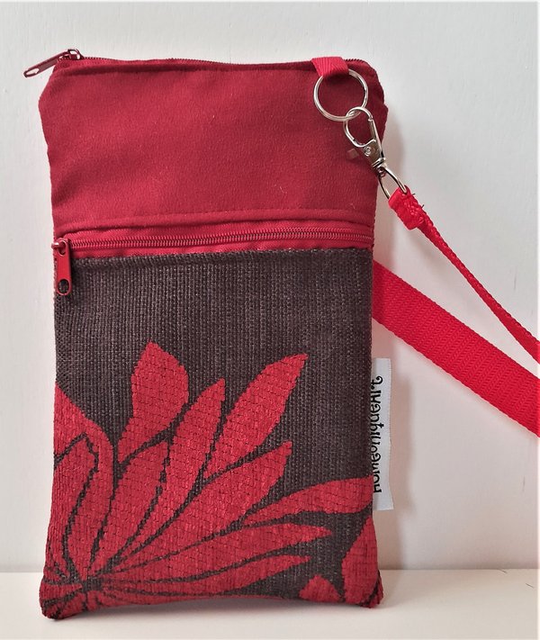 Handytasche zum Umhängen, Crossbody Bag Stoff rot-schwarz, trendige Umhängetasche mit Blume