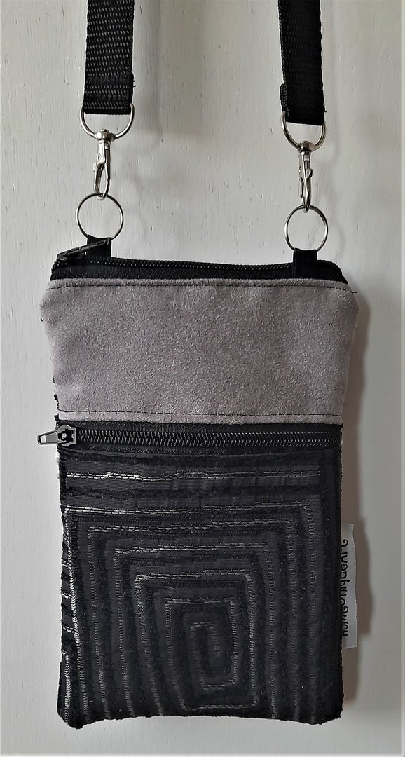 Handytasche zum Umhängen, Crossbody Bag aus Stoff schwarz-grau